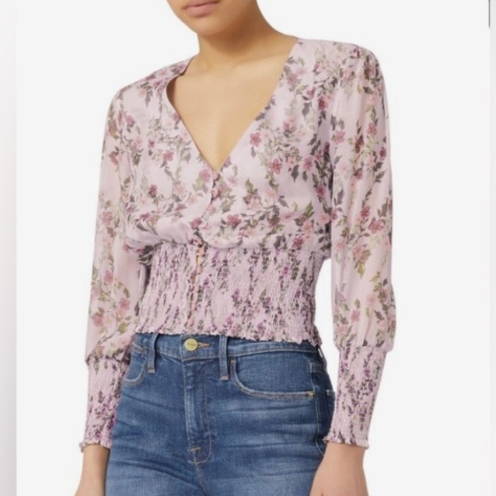Intermix Silk Elin Top smocked purple floral long sleeve blouse XS